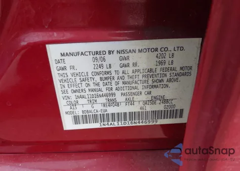 2006 Nissan Altima 2.5 S from USA, damaged, VIN 1N4AL11D16N446999